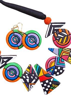 Bold Multicolor Geometric Terracotta Jewelry Set Hand-Painted Clay Necklace with
